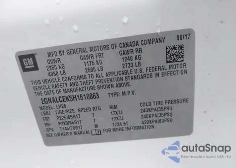 2017 Chevrolet Equinox Lt from USA, damaged, VIN 2GNALCEK5H1610863